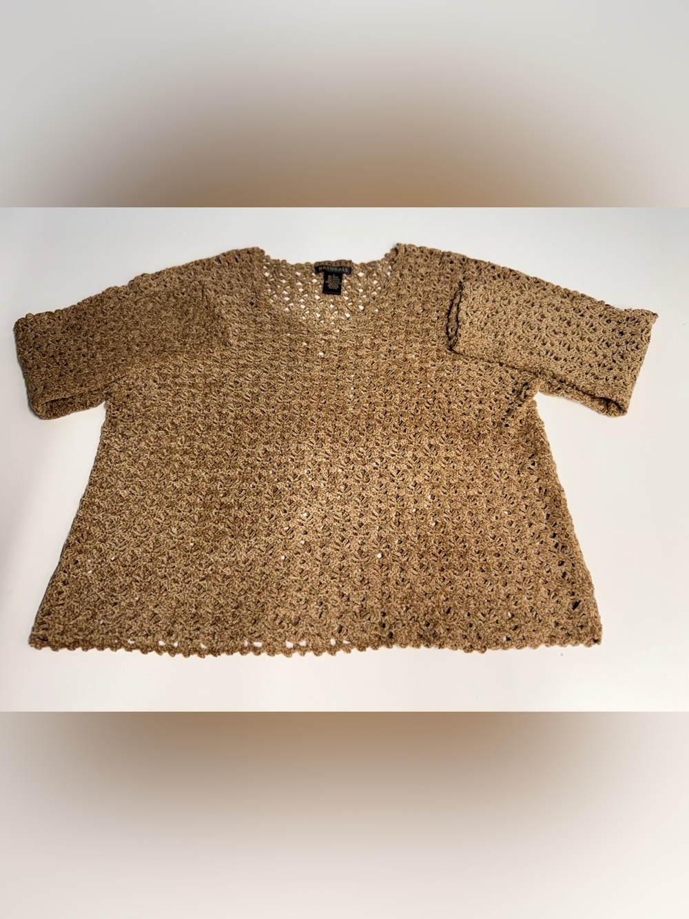 Vintage Open-Knit V-Neck Sweater in Tan